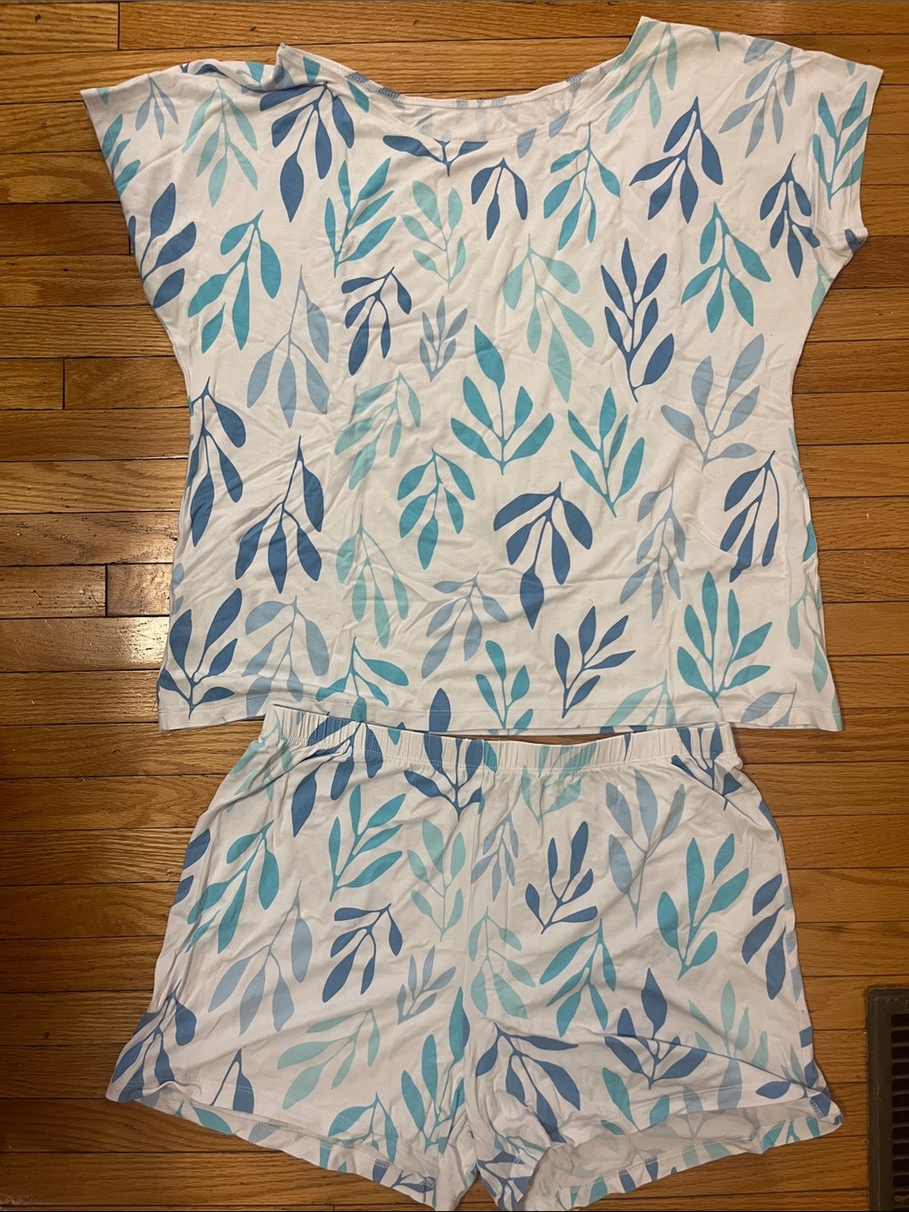 Women’s White Short Sleeve Pajama Set with Blue Leaf Print